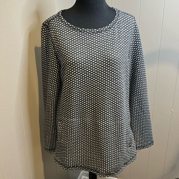 Talbots navy white dot textured stretch woven long sleeve pullover tunic. Medium - Picture 1 of 6